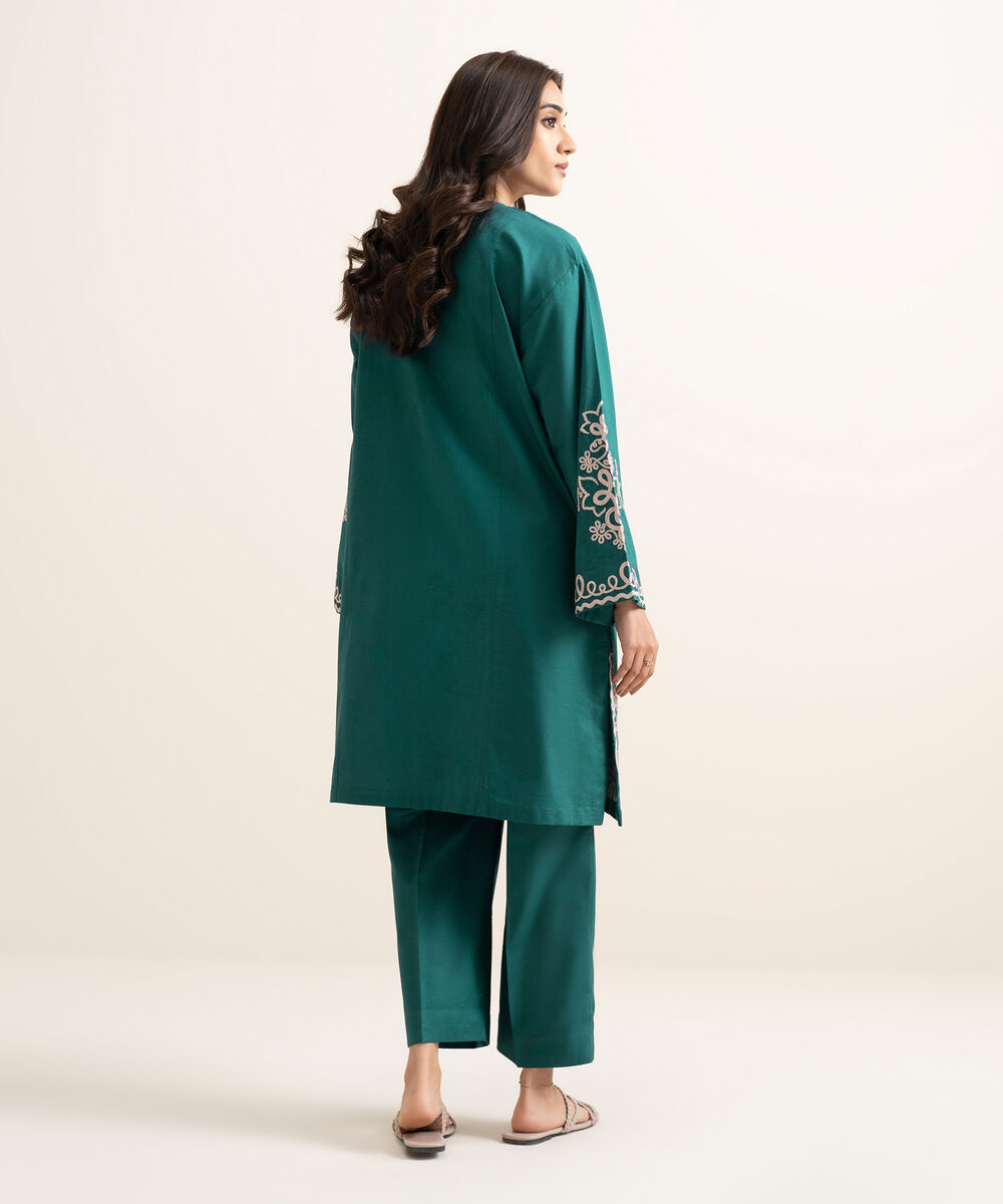 Women's RTW Multi Neps Embroidered Teal Green A-Line Shirt