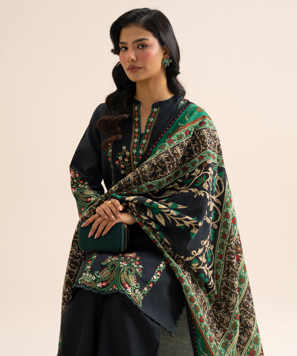 Women's Unstitched Light Khaddar Embroidered Green & Black 3 Piece Suit