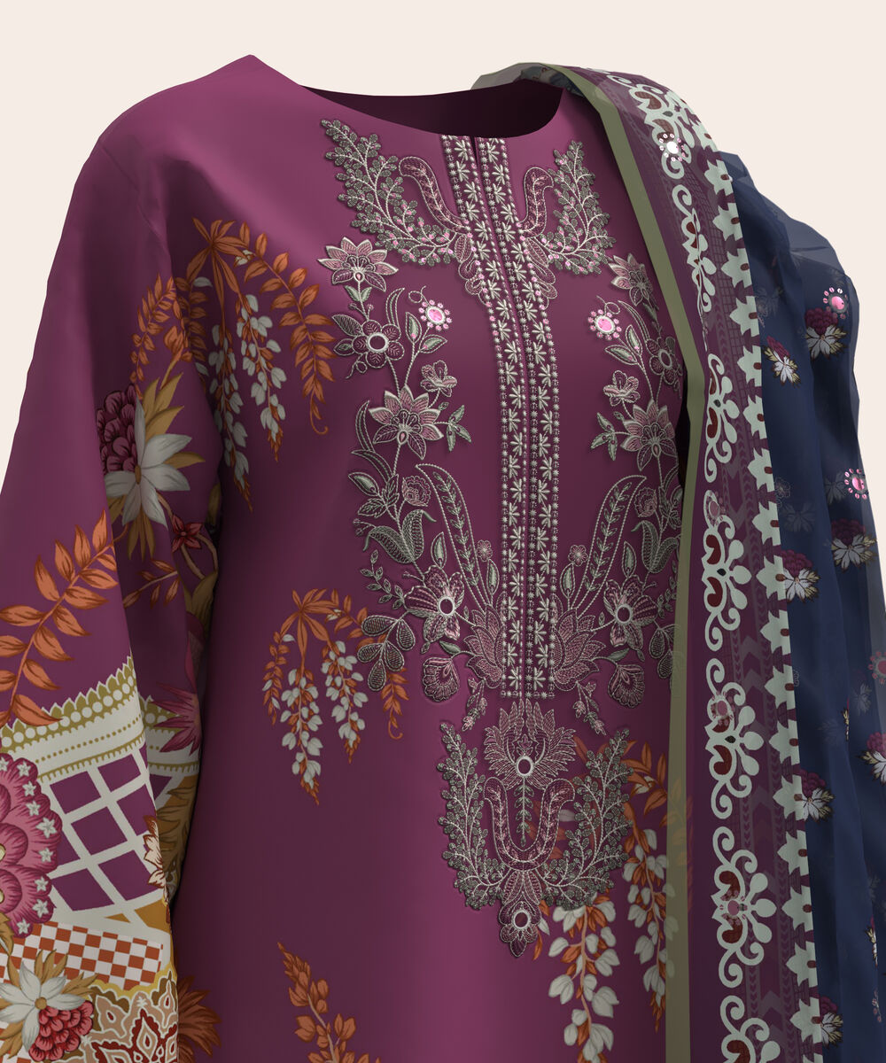 Women's Unstitched Lawn Multi  Embroidered 3 Piece Suit