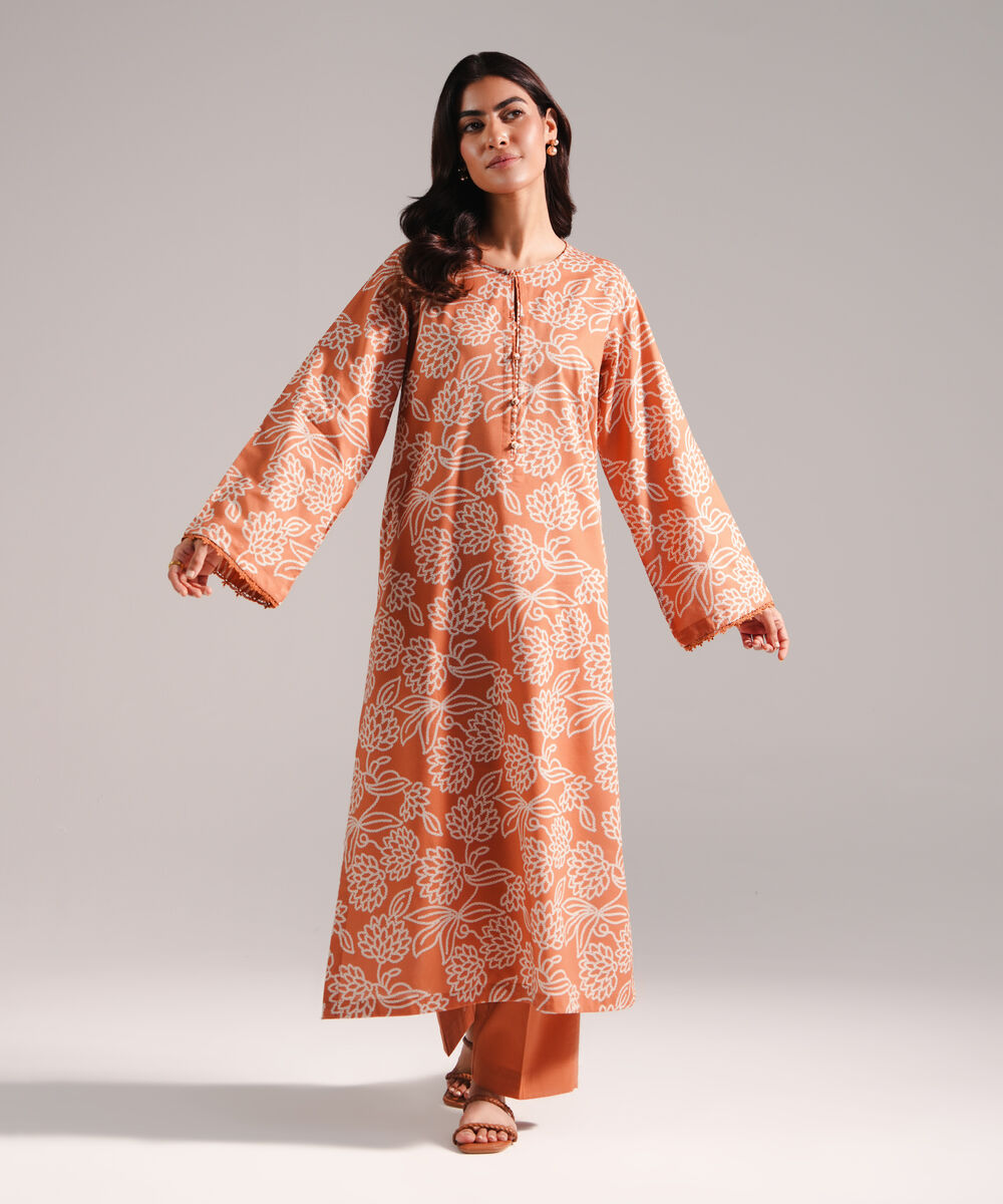 Women's RTW Cotton Viscose Printed Orange 2 Piece Suit