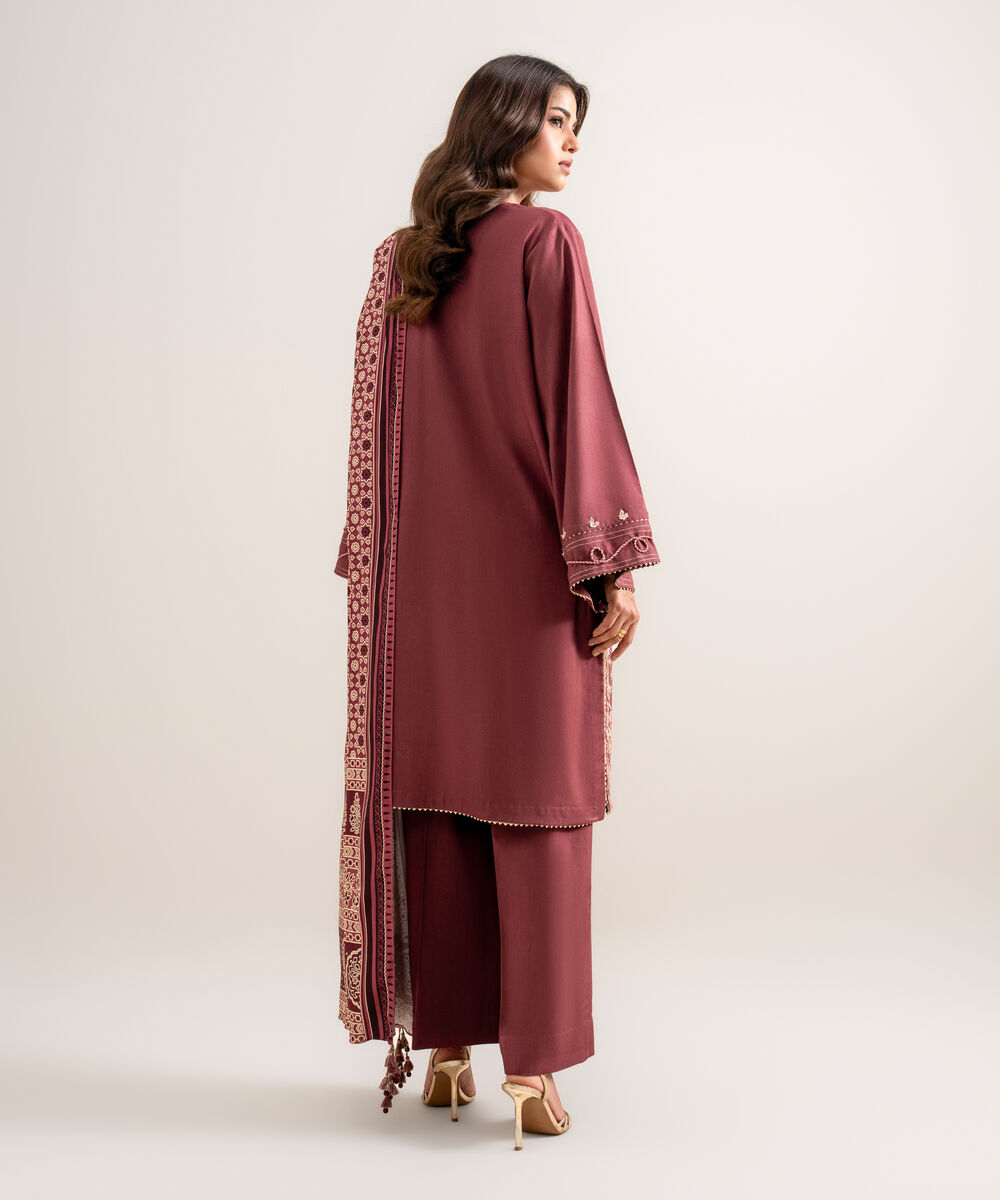 Women's Unstitched Embroidered Linen Maroon 3 Piece Suit