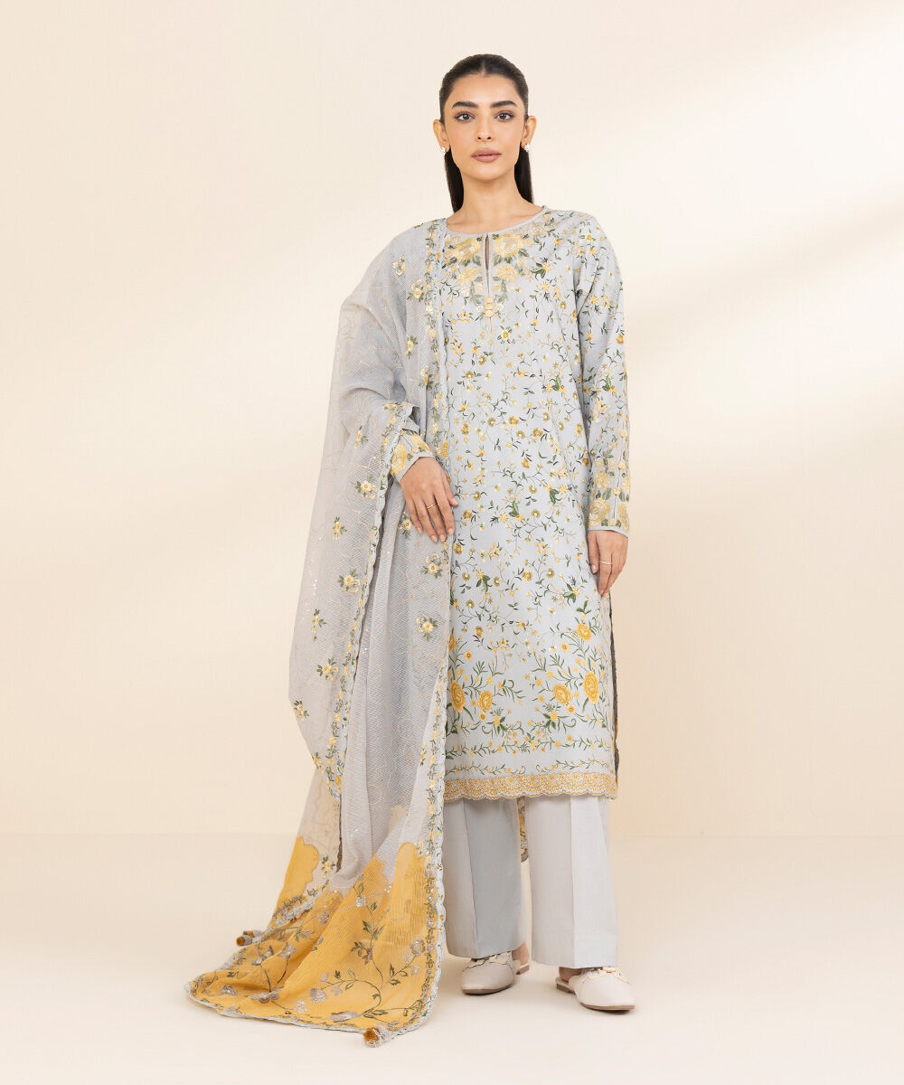 Women's Unstitched Lawn Embroidered Grey 3 Piece Suit