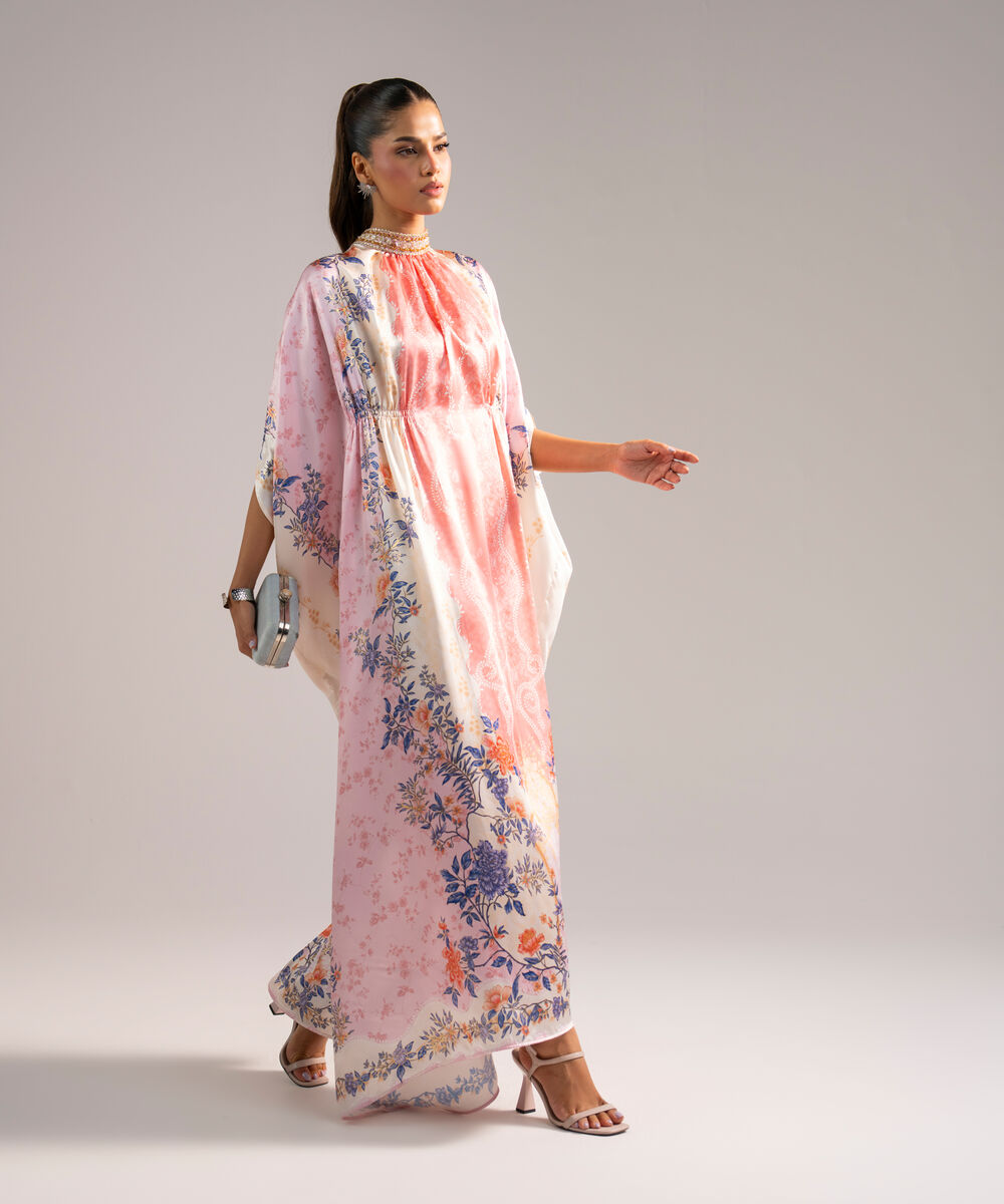 Women's RTW Blended Satin Printed Pink Kaftan