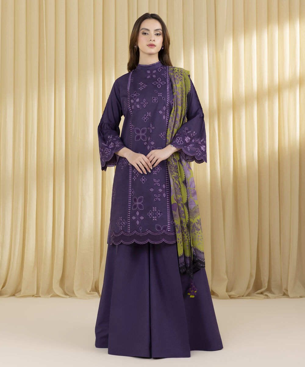 Unstitched Women's Purple Textured Lawn 3 Piece Suit