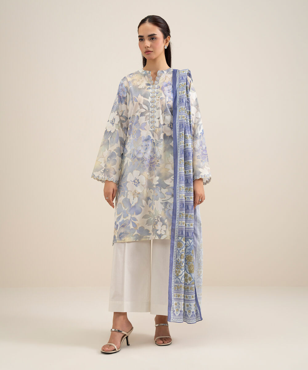 Women's Unstitched Lawn Embroidered Tea Pink and Off White 3 Piece Suit