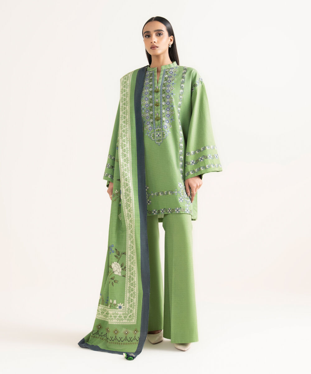 Women's Unstitched Dobby Embroidered Green  3 Piece Suit