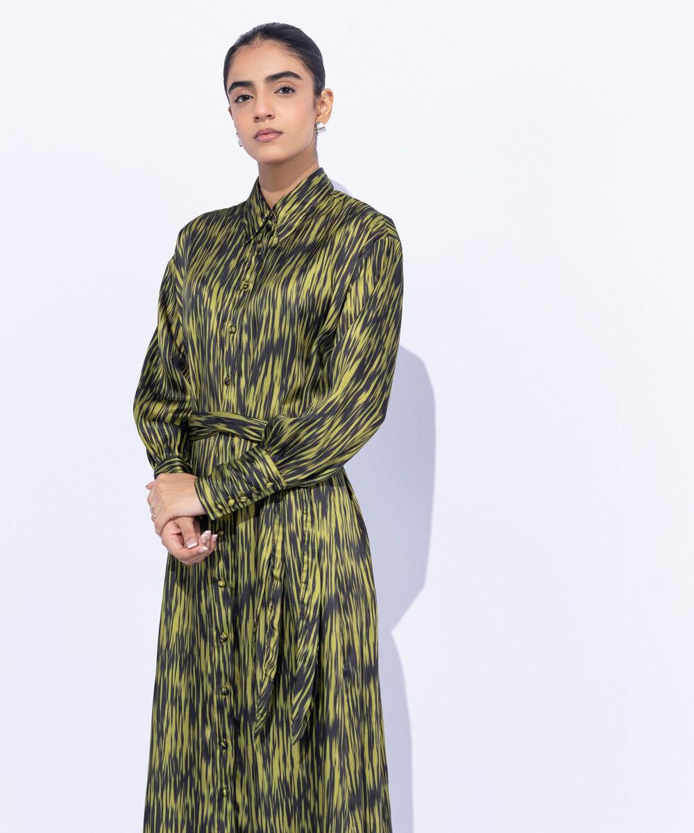 Woman - Green Silky Printed Dress with Belt