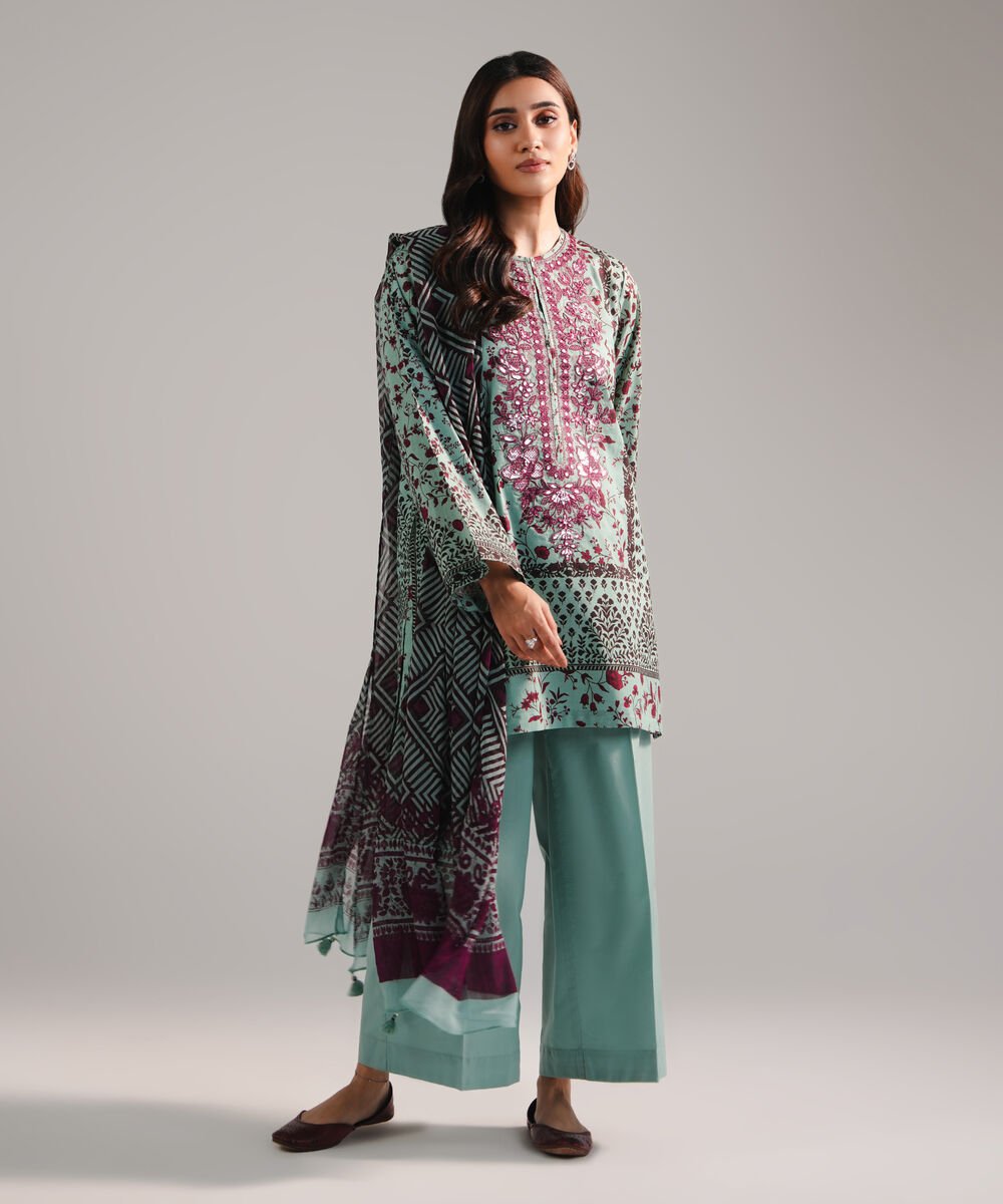 Women's RTW Cambric Embroidered Blue 3 Piece Suit