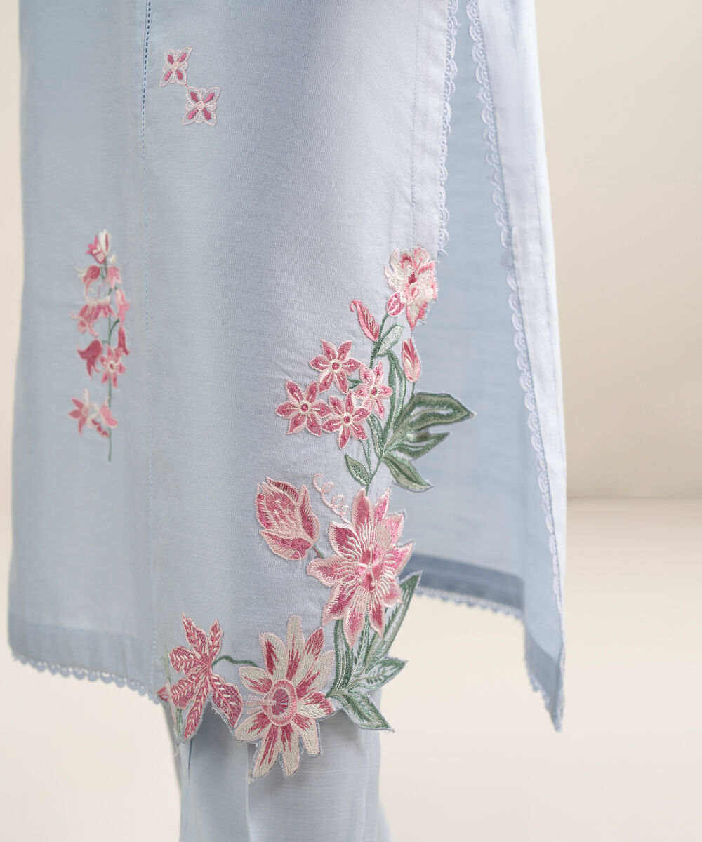 Women's RTW Silk Cotton Net Embroidered Blue 2 Piece Suit