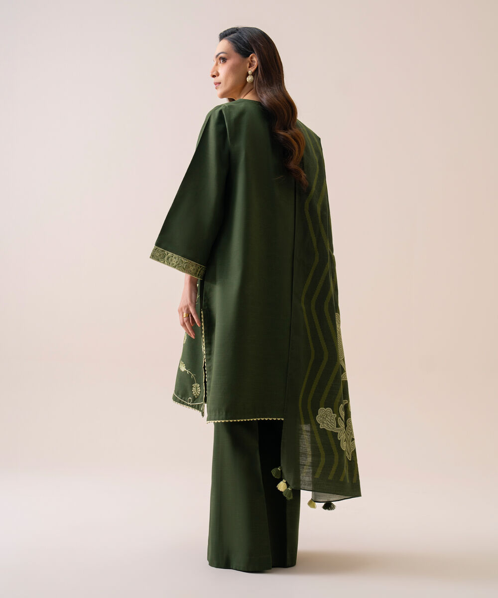 Women's Unstitched Light Khaddar Embroidered Green 3 Piece Suit
