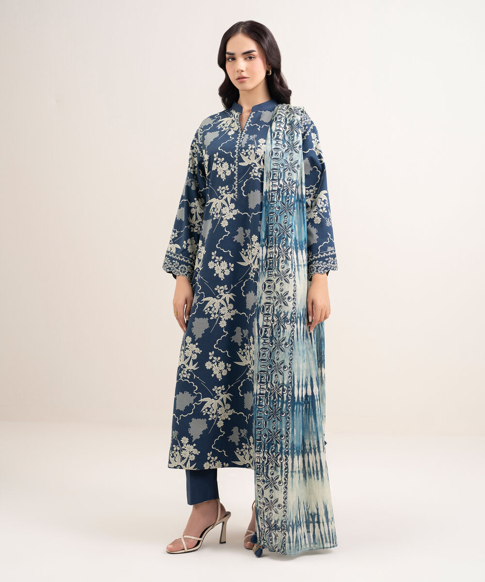 Women's Unstitched Lawn Printed Blue 3 Piece Suit