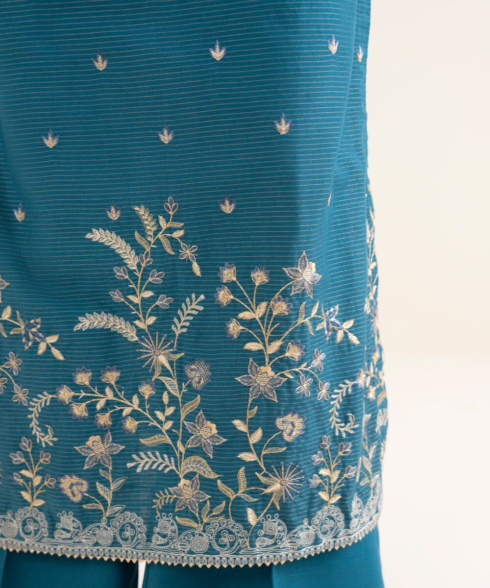 Women's Unstitched Embroidered Zari Khaddar Blue 3 Piece Suit