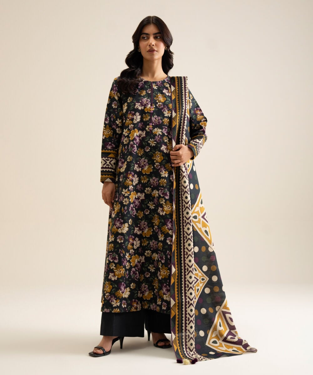 Women's Unstitched Premium Khaddar Printed Black 3 Piece Suit
