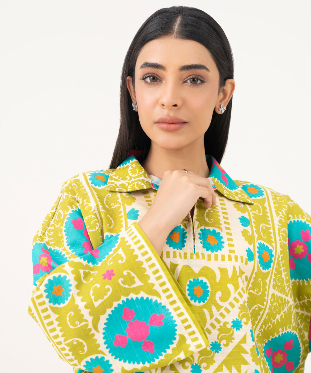 Women's RTW Light Khaddar Printed Green Drop Shoulder Shirt