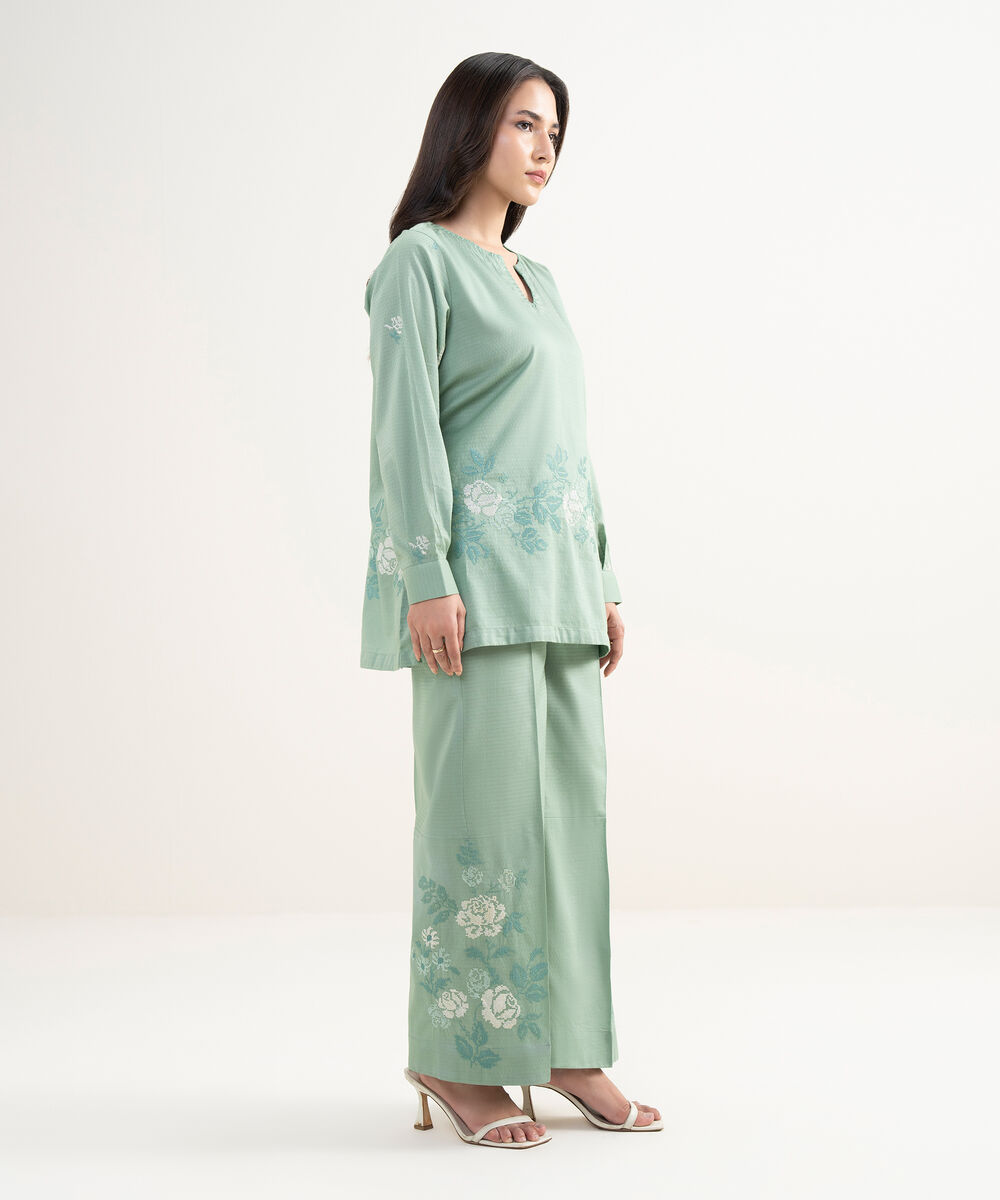 Women's RTW Dobby Embroidered Green Straight Shirt