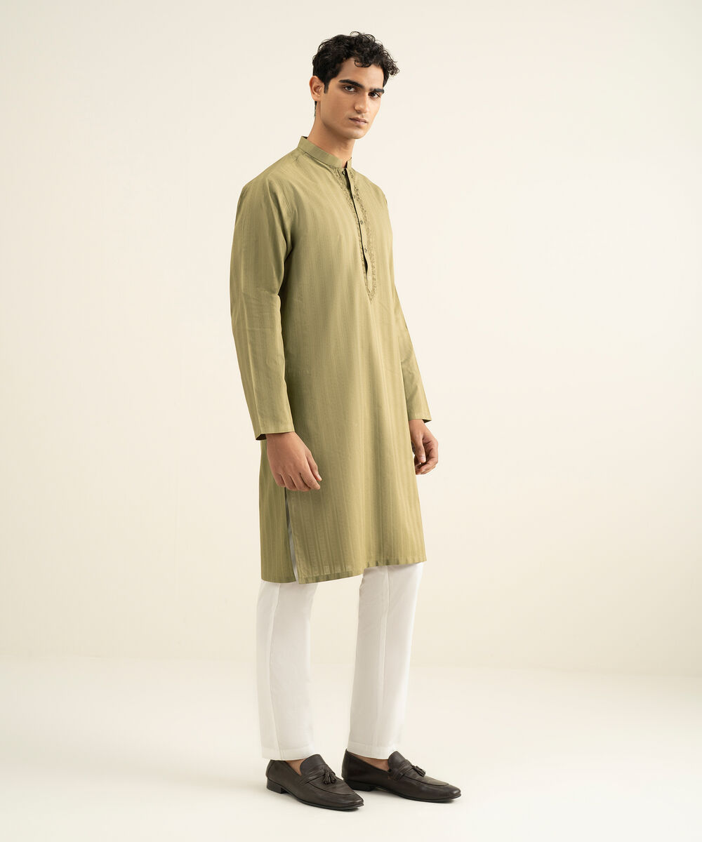 Men's olive Leno Jacquard Kurta