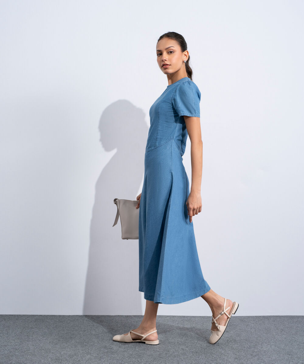 Women's Western Mid Blue Wash Puff Sleeve Denim Dress