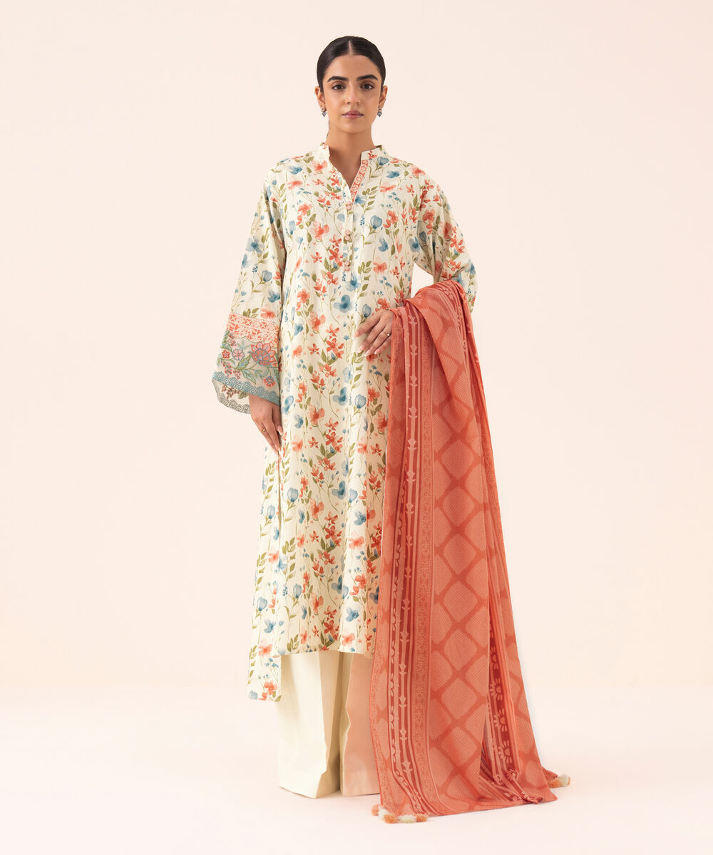 Women's Unstitched Cotton Embroidered Multi 3 Piece Suit