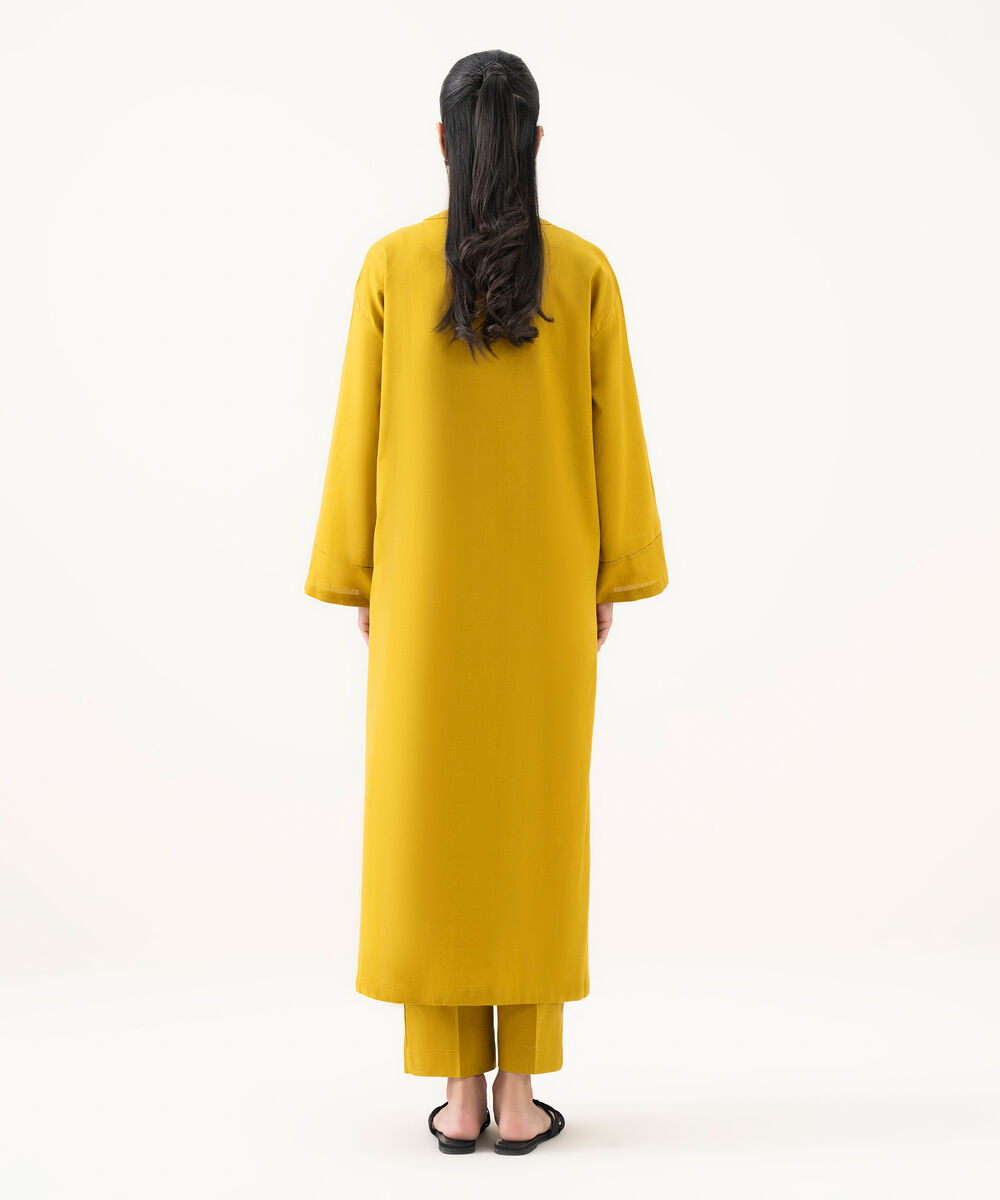 Women's RTW Cotton Linen Yellow Solid Drop Shoulder Shirt