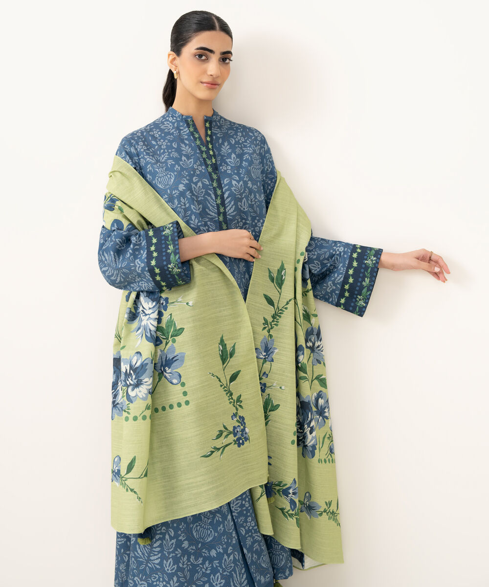 Women's Unstitched Printed Dobby Blue 3 Piece Suit