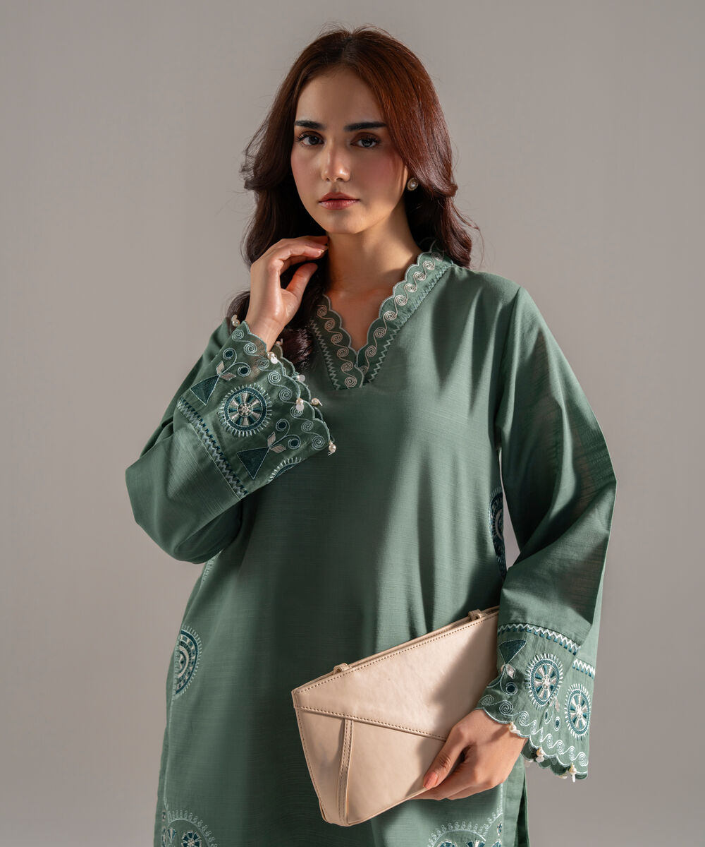 Women's RTW Khaddar Solid Embroidered Sage Green Straight Shirt