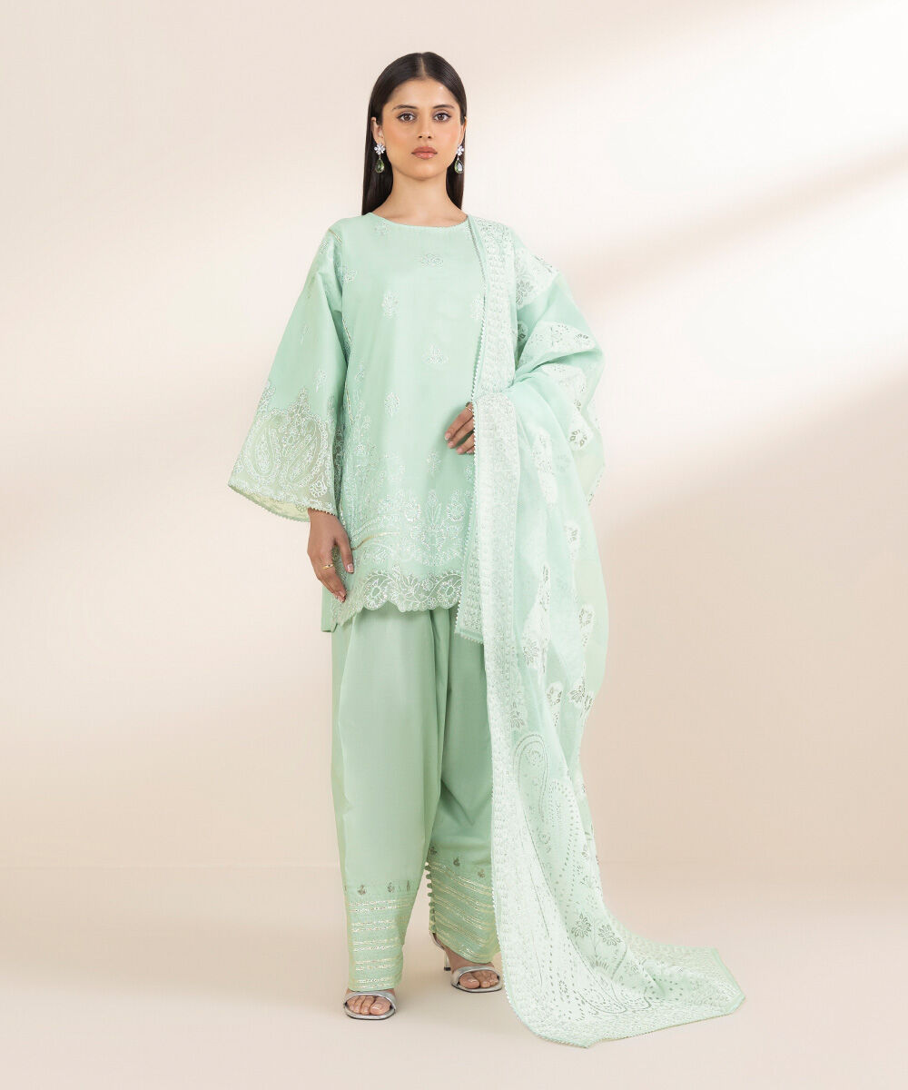 Unstitched Women's Green Chambray Embroidered 3 Piece Suit
