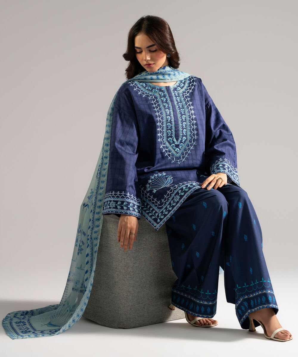 Women's RTW Dobby Embroidered Blue 3 Piece Suit