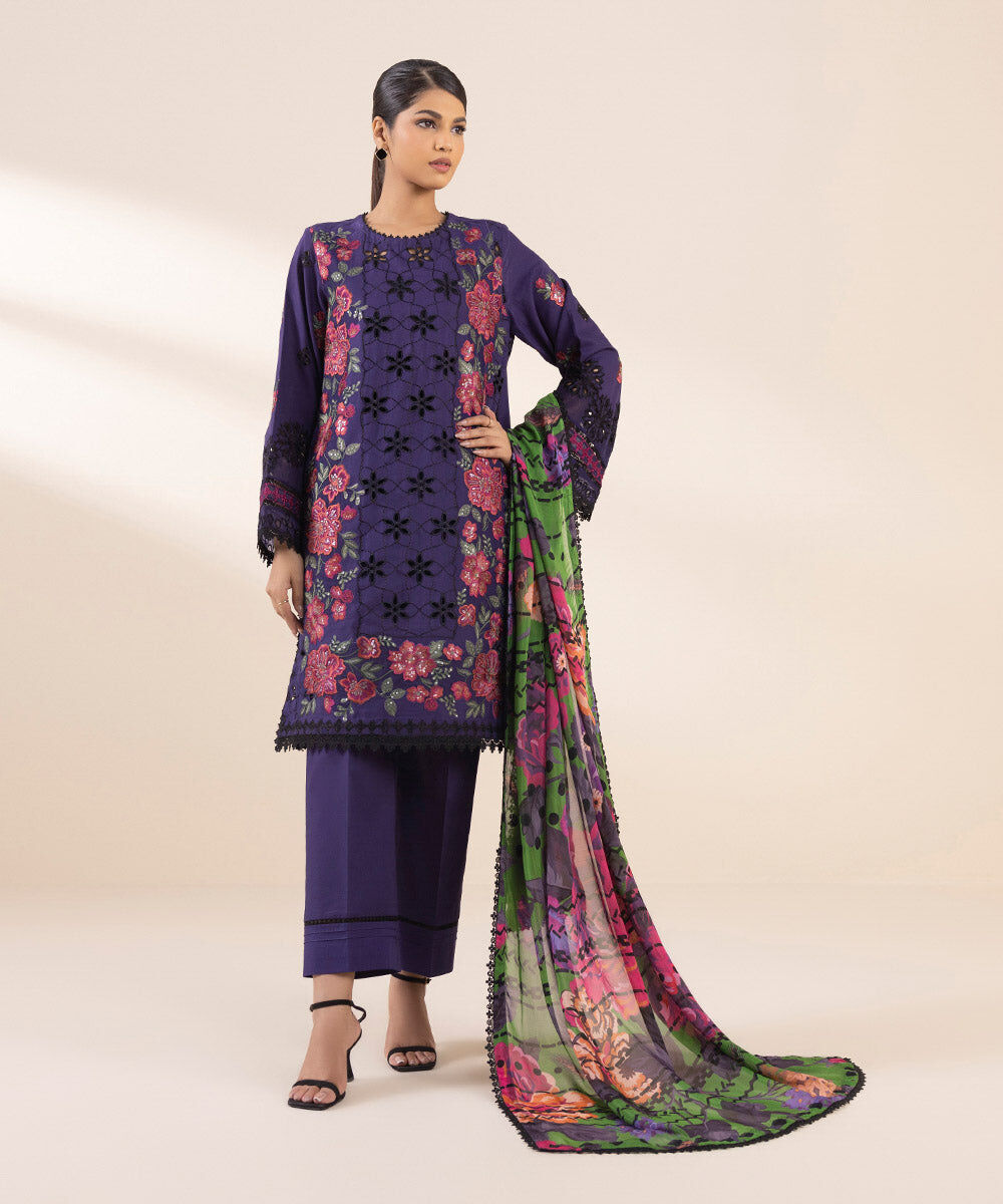 Woman - Purple 3 Piece - Embroidered Cotton Satin Suit
