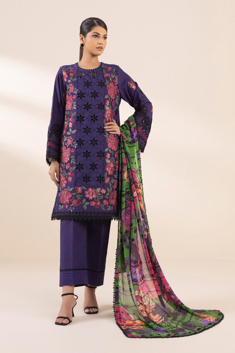 3 Piece - Embroidered Cotton Satin Suit