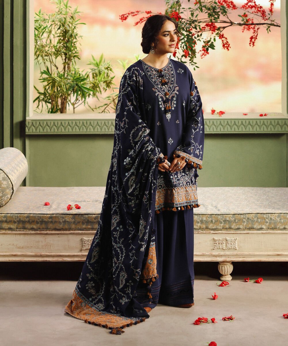 3 Piece - Embroidered Cotton Karandi Suit Women's Unstitched Cotton Karandi Embroidered Blue 3 Piece Suit