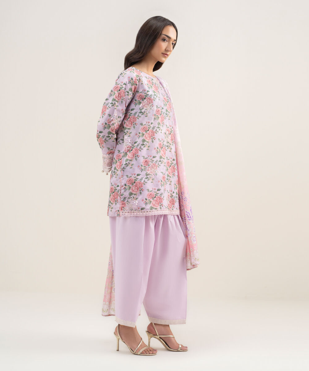 Women's RTW Zari Lawn Embroidered Lilac 3 Piece Suit