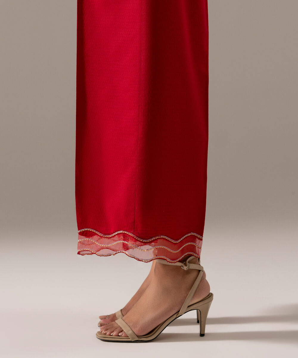 Women's RTW Dobby Solid Red Straight Pants
