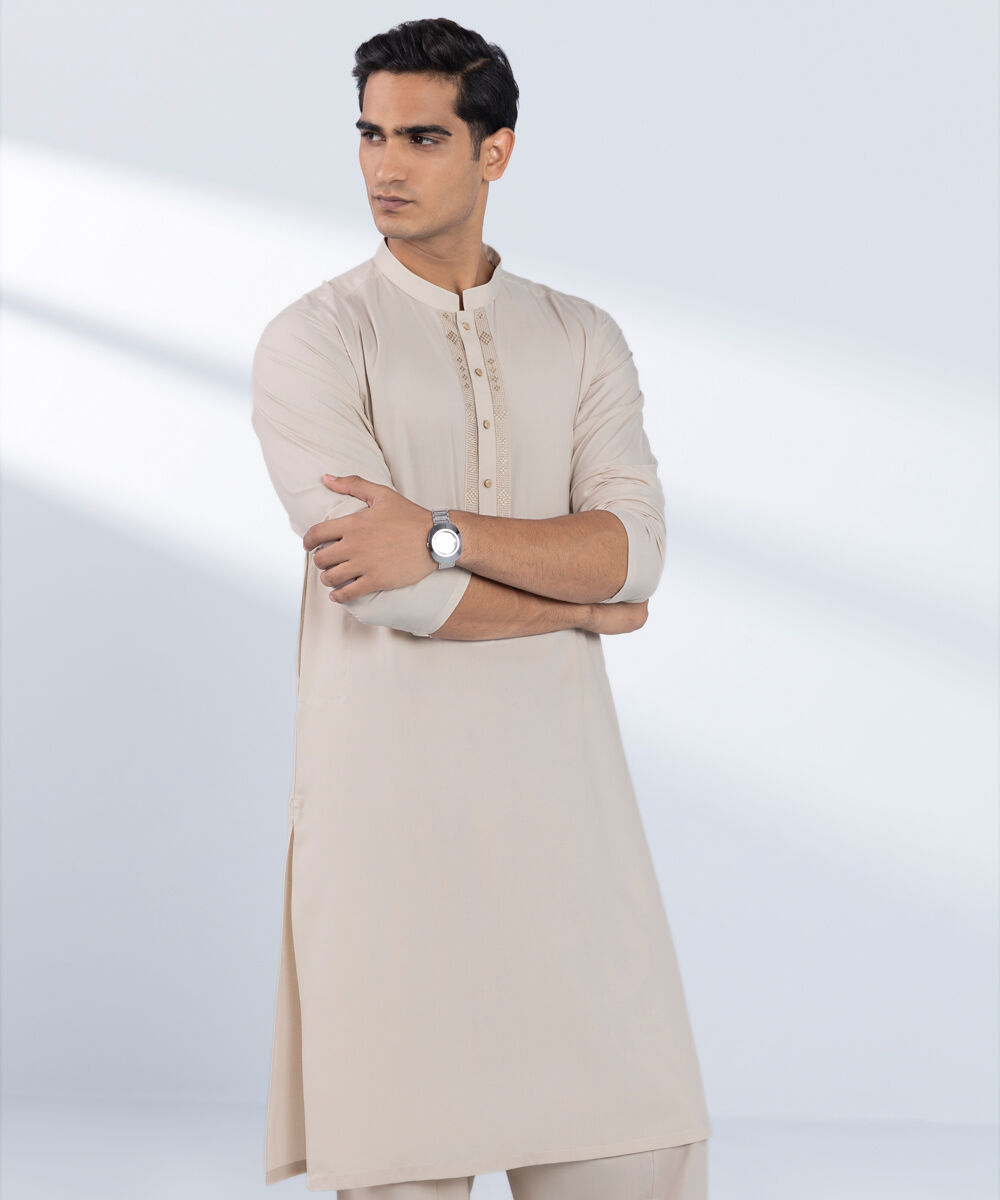 Men's Stitched Embroidered Beige 2 PC Suit