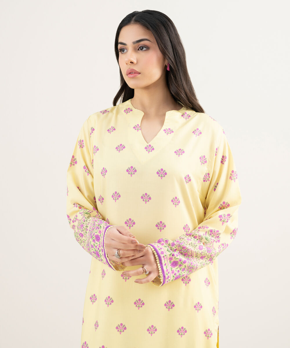 Women's RTW Arabic Cambric Embroidered Pale Yellow Straight Shirt