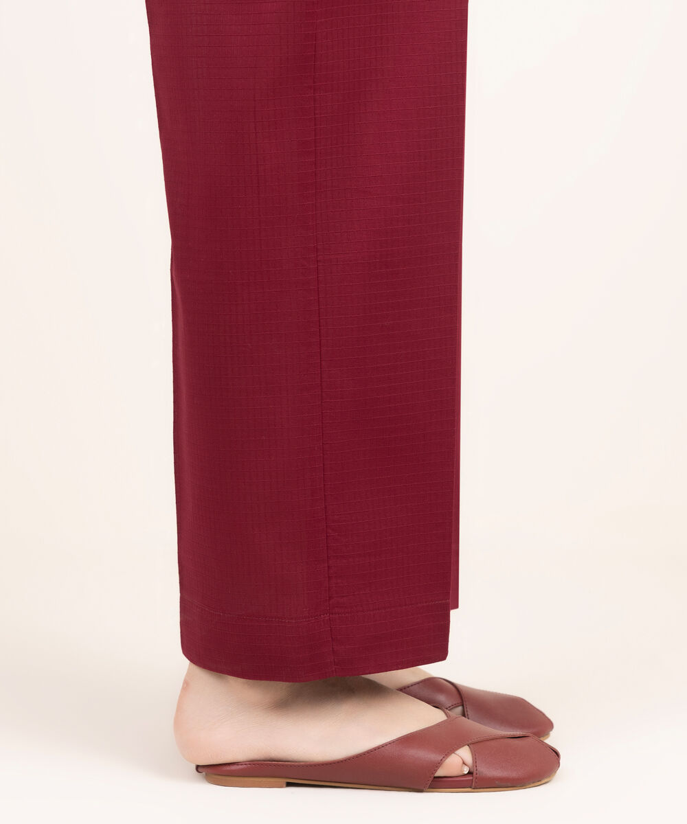 Women's RTW Textured Cotton Solid Red Straight Pants