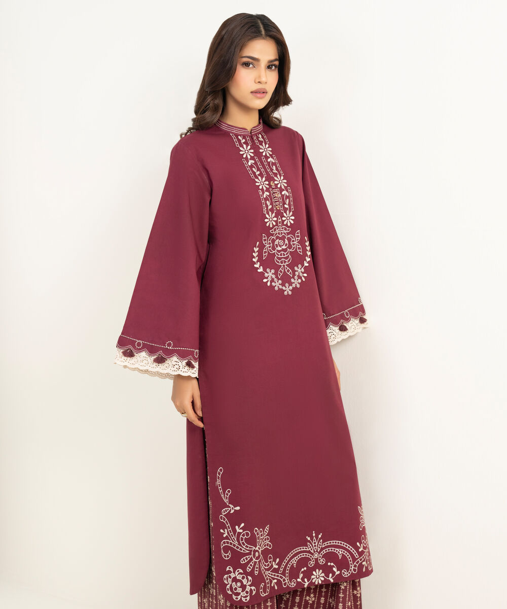 Women's Unstitched Lawn Embroidered Red 2 Piece Suit