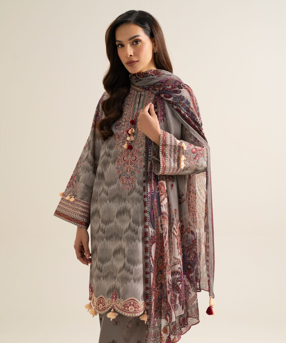 Women's Unstitched Blended Chiffon Printed Grey & Multi 3 Piece Suit