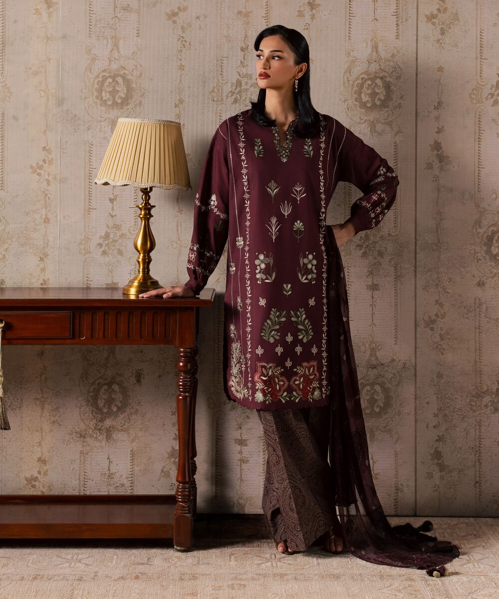 Women's Unstitched Textured Lawn Embroidered Red 3 Piece Suit