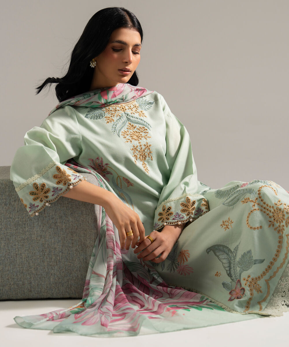 Women's RTW Dobby Crepe Embroidered Green 3 Piece Suit