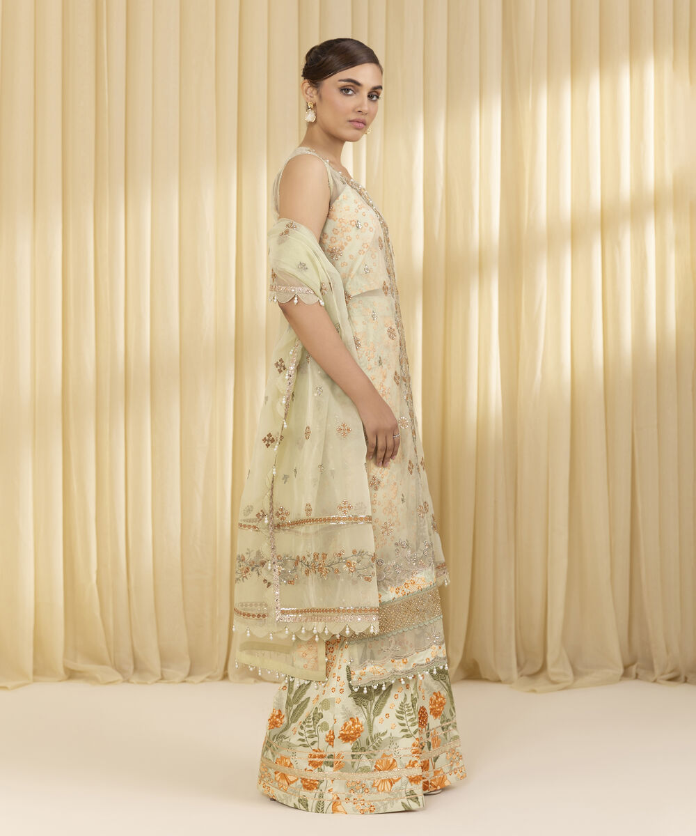 Unstitched Women's Beige Blended Organza 3 Piece Suit