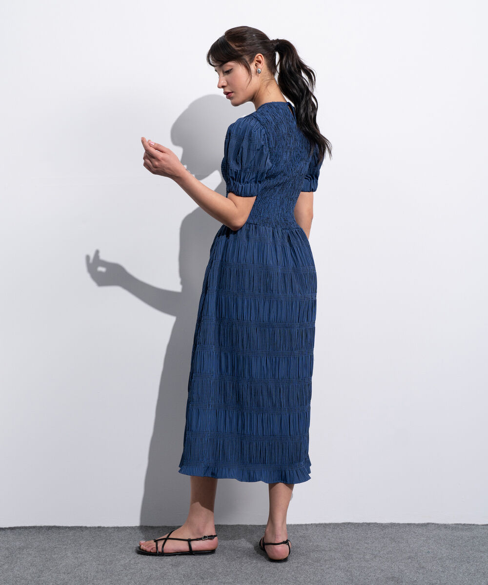 Women's Western Blue And Black Smocked Seersucker Gingham Dress