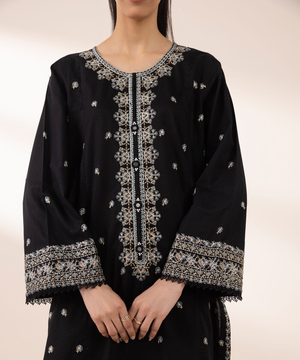 Women's RTW Dobby Black Embroidered A-Line Shirt