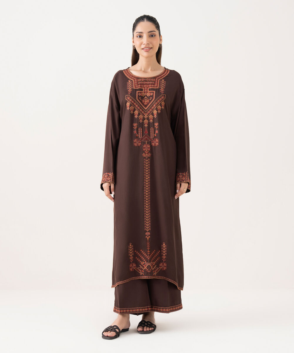 Women's RTW Bedford  Embroidered Brown Drop Shoulder Shirt