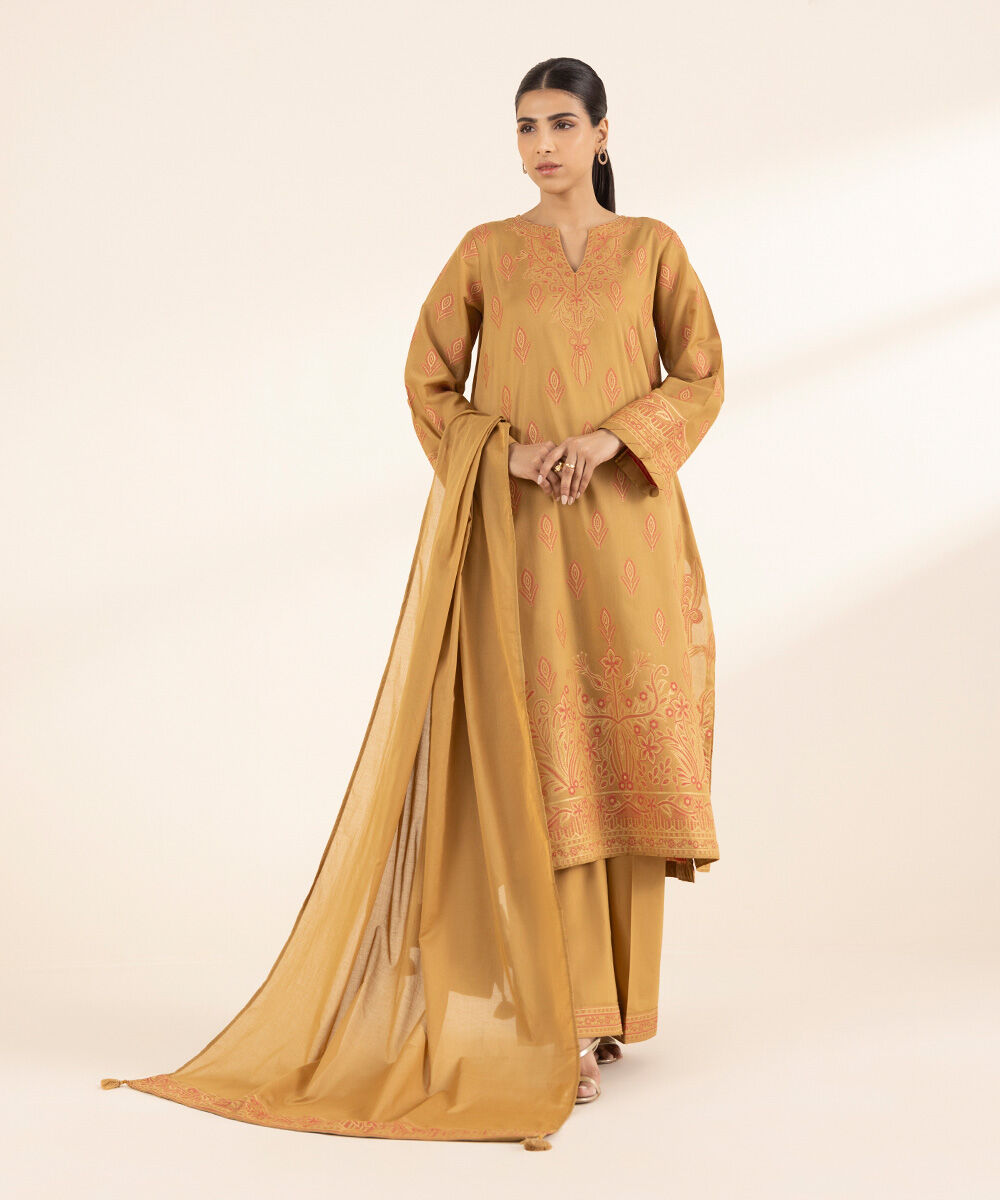 Women's RTW Extra Weft Jacquard Brown Solid A-Line Shirt