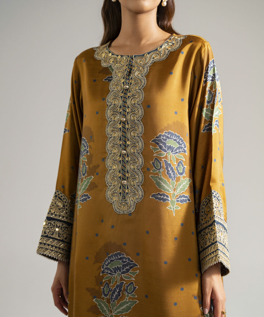 Women's RTW Bright Raw Silk Embroidered Mustard Brown 3 Piece Suit
