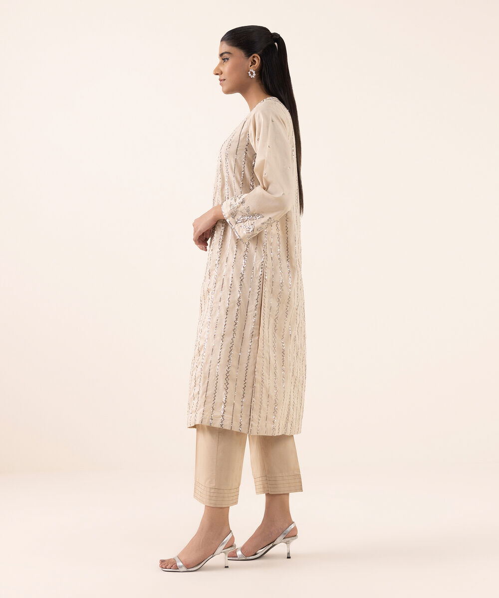 Women's RTW Cotton Jacquard Beige Embroidered A-Line Shirt