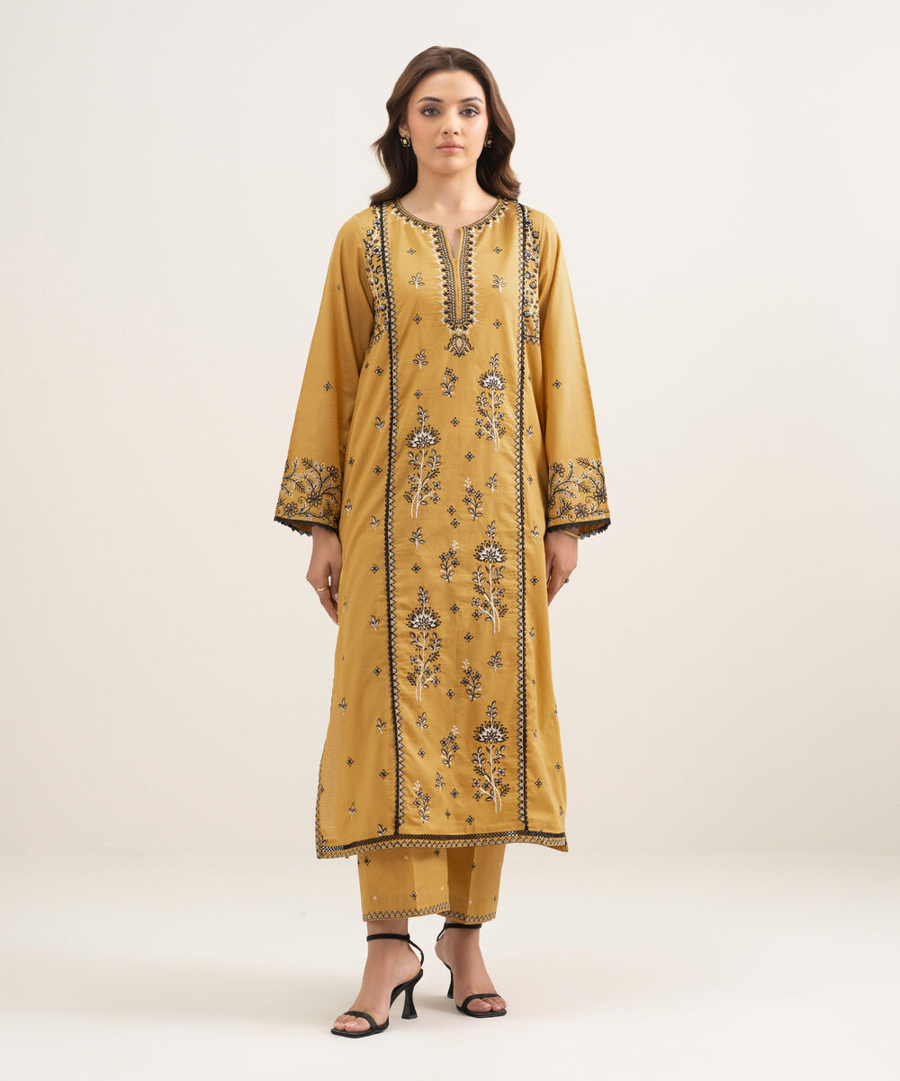 Women's RTW Dobby Embroidered Yellow A-Line Shirt