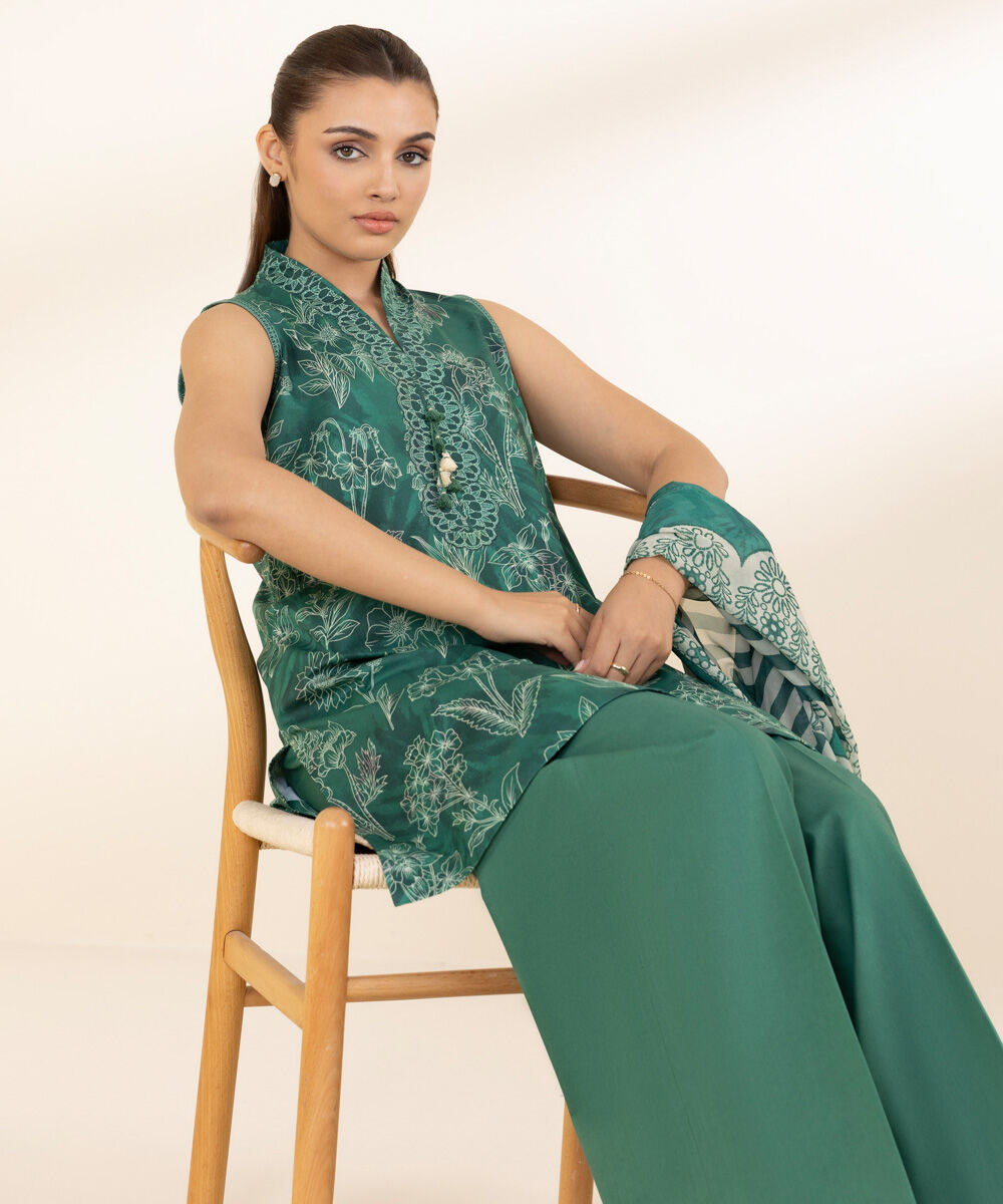 Unstitched Women's Printed Lawn Green Two Piece Suit
