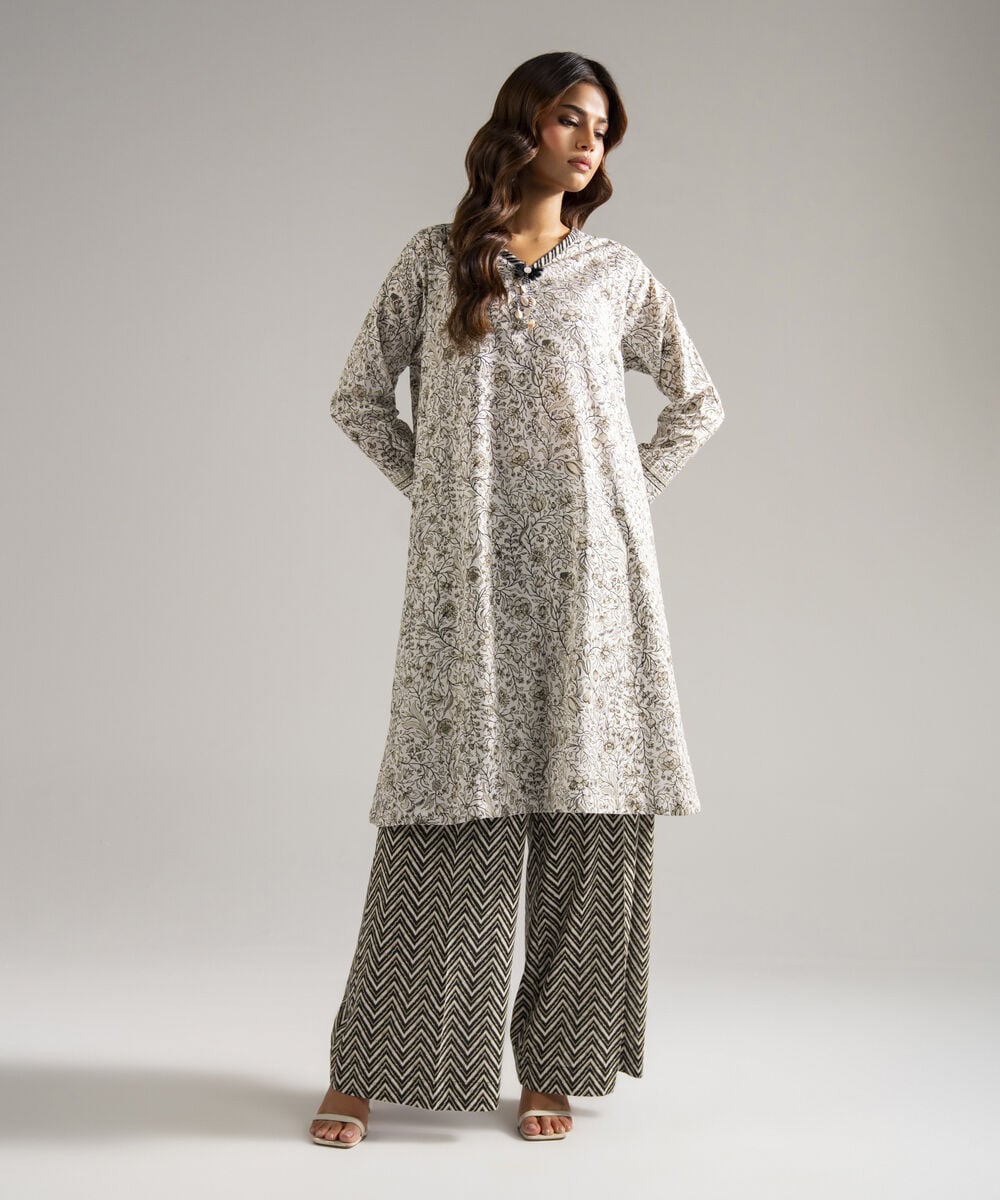 Women's RTW Lawn Printed White A-Line Shirt