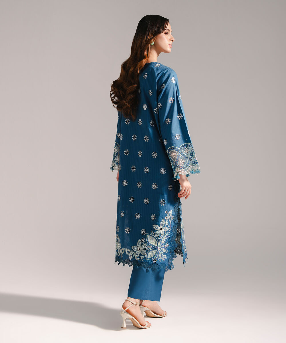 Women's RTW Textured Cotton Embroidered Teal 2 Piece Suit